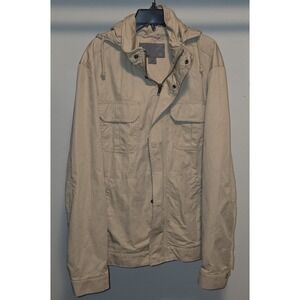 Old Navy Mens Jacket Large Tan Hooded Utility Cargo Pockets Casual Cotton Blend